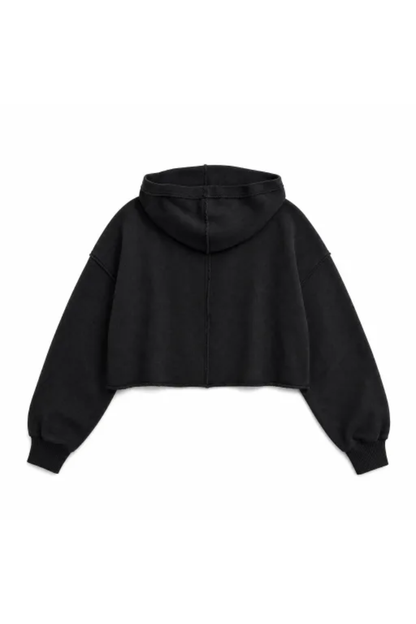 Women Spring Raw Edge V Neck Cropped Pullover Hoodie