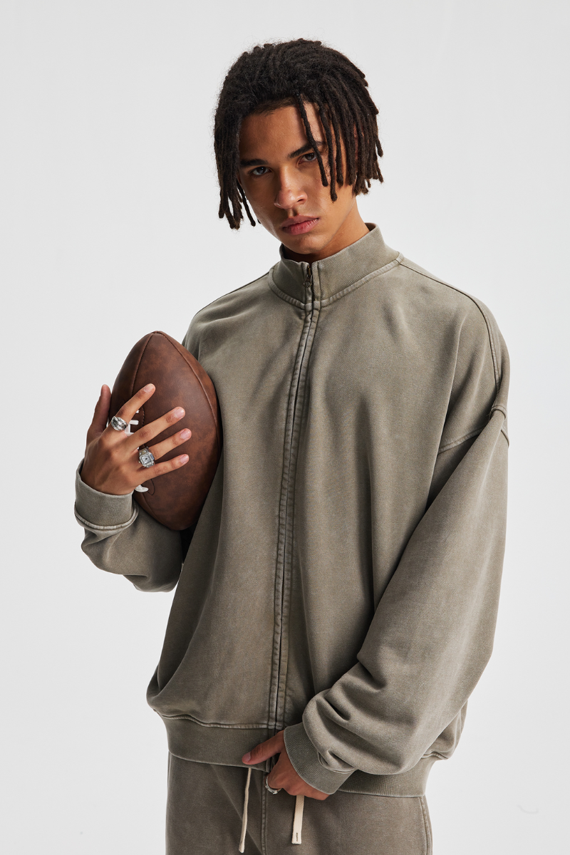 Men's Cotton Streetwear Wax-Dyed Washed Stand Collar Distressed Jacket