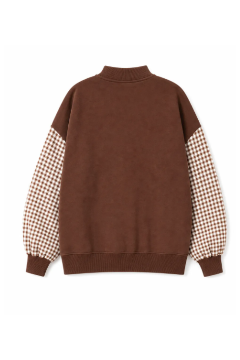 Women Fall Gingham Sleeve Mock Neck Oversized Sweatshirt