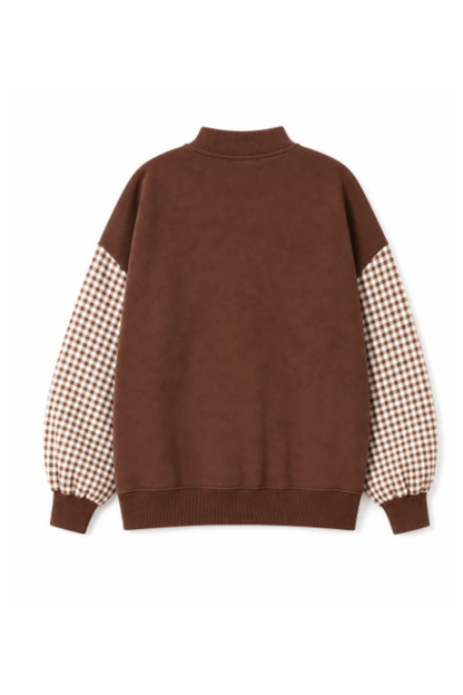 Women Fall Gingham Sleeve Mock Neck Oversized Sweatshirt