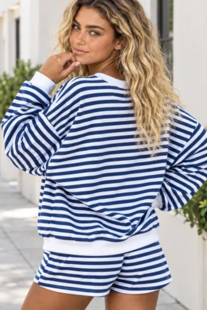 Women Spring Striped V Neck Lounge Top and Shorts Set