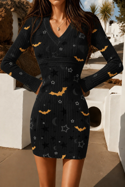 Women Fall Halloween Pumpkin Ribbed Bodycon Mini Dress