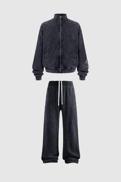 Women's Cotton Streetwear Set:Stand Collar Jacket And Wide-Leg Pant