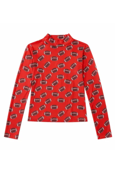 Women Spring Football Print Sheer Mesh Mock Neck Top