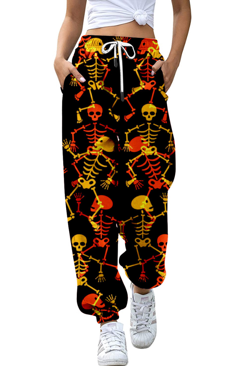 Women Fall Halloween Pumpkin Cat Print Jogger Pants