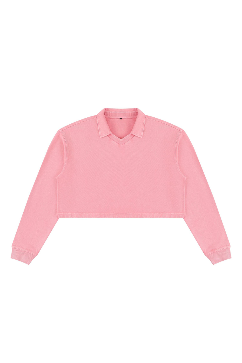 Women Fall Clothing Snow Washed Collared Crop Sweatshirt