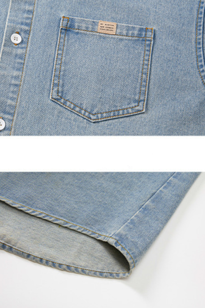 Men's Spring Summer Washed Denim Short Sleeve Japanese Loose