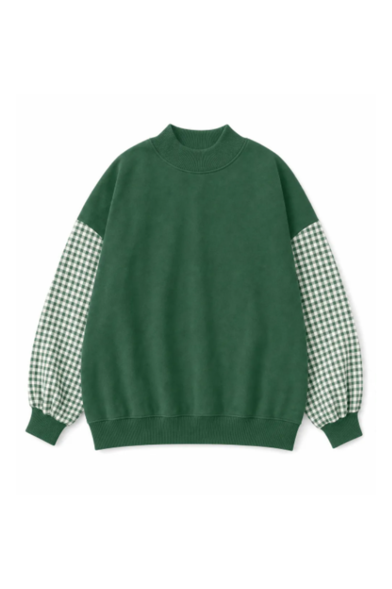 Women Fall Gingham Sleeve Mock Neck Oversized Sweatshirt