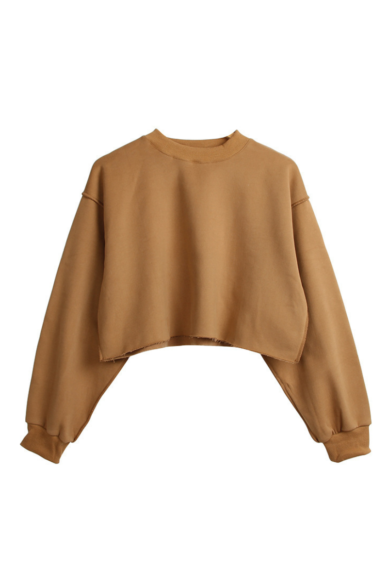Women Spring Raw Hem Exposed Seam Cropped Sweatshirt