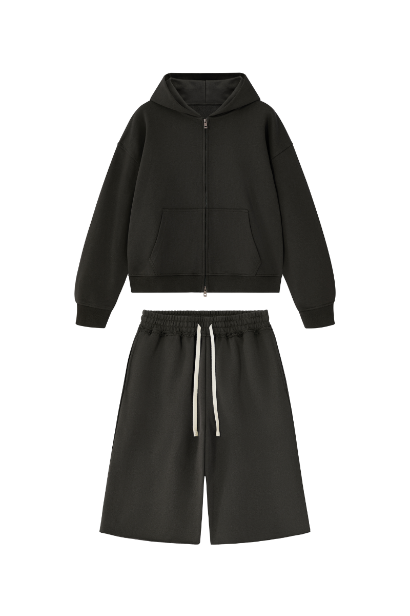 Women's Loose American Casual Zip Hoodie  Mid Shorts Set