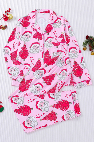 Women's Christmas Pink Striped Open Collar Pajama Set
