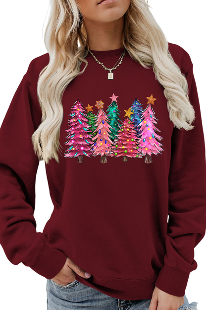 Women's Fall Christmas Tree Graphic Print Crew Sweatshirt