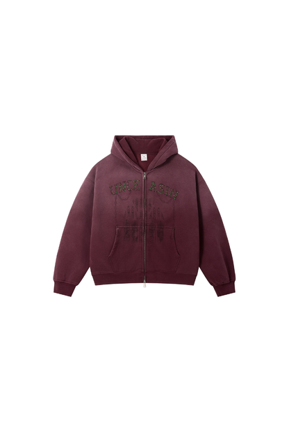 Men Fall Clothing Rhinestone Washed Boxy Zip Hoodie