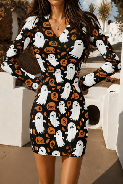 Women Fall Halloween Pumpkin Ribbed Bodycon Mini Dress