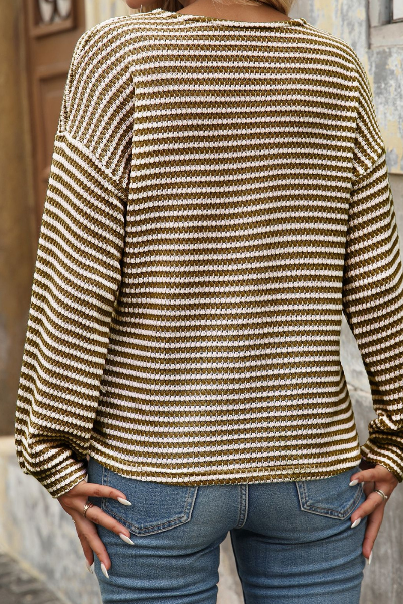 Women Spring Striped Button V Neck Long Sleeve Top