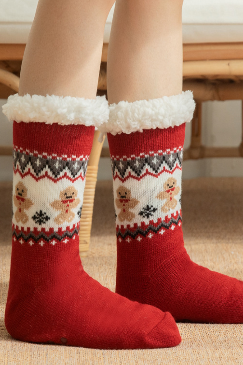 Women Winter Christmas Fleece Cuff Non Slip Slipper Socks