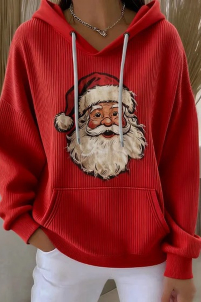 Women Fall Clothing Christmas Santa Ribbed Hoodie