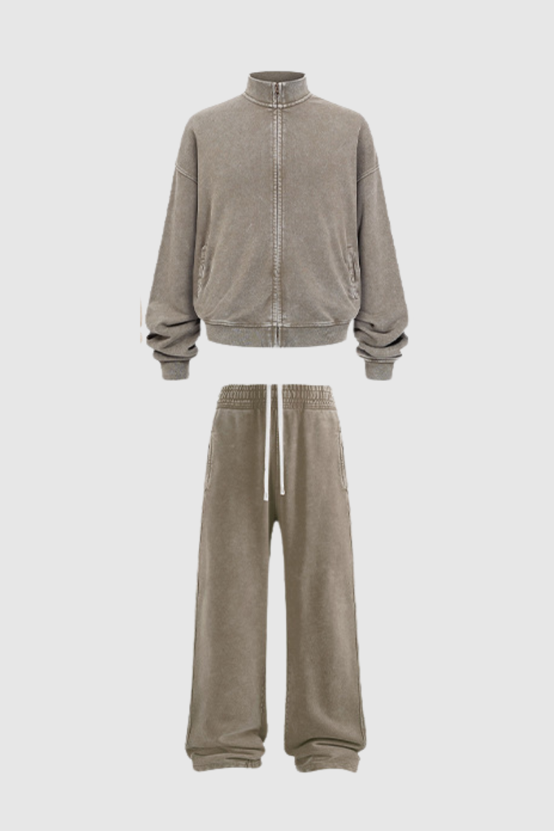 Women's Cotton Streetwear Set:Stand Collar Jacket And Wide-Leg Pant