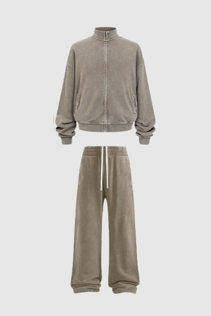 Women's Cotton Streetwear Set:Stand Collar Jacket And Wide-Leg Pant