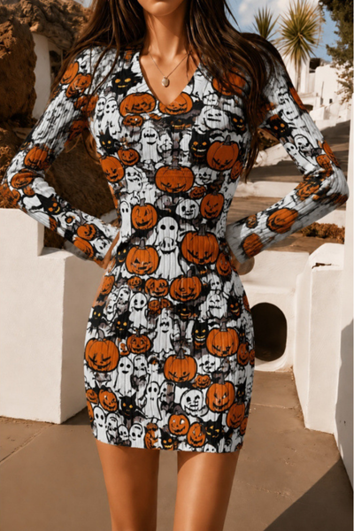 Women Fall Clothing Halloween Pumpkin Ribbed Bodycon Dress