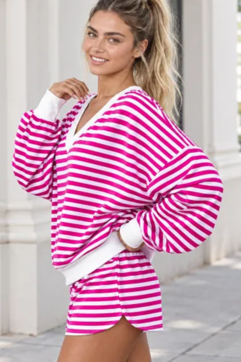 Women Spring Striped V Neck Lounge Top and Shorts Set