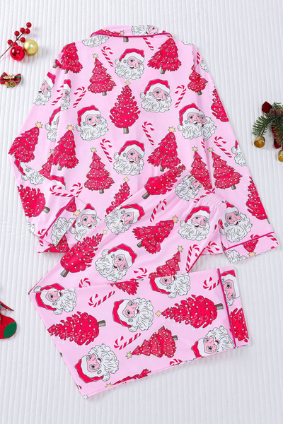 Women's Christmas Pink Striped Open Collar Pajama Set