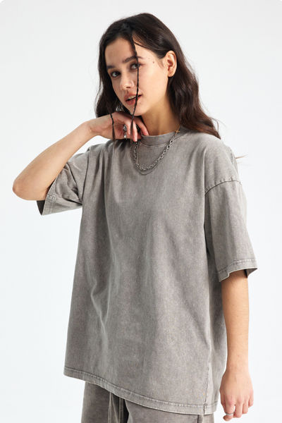 Women's Cotton Streetwear Wax-Dyed Washed Distressed T-shirt
