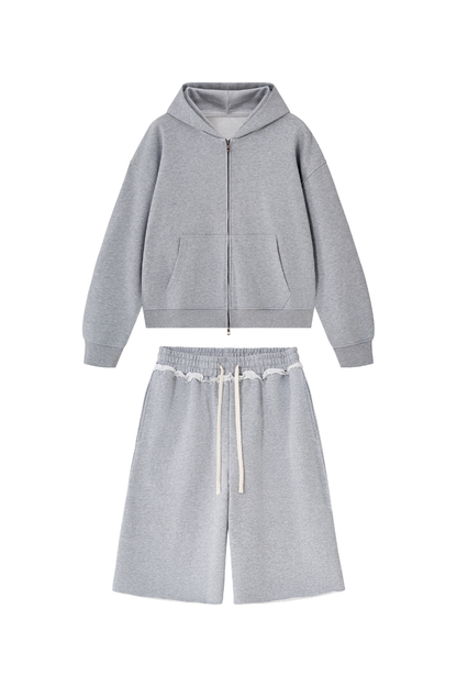 Women's Loose American Casual Zip Hoodie  Mid Shorts Set