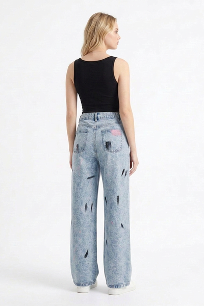 Women's High Waist Graffiti Ripped Wide Leg Jeans