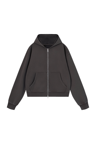 Men Fall Washed Vintage Boxy Double Zip Hoodie
