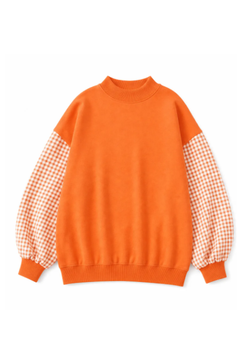 Women Fall Gingham Sleeve Mock Neck Oversized Sweatshirt