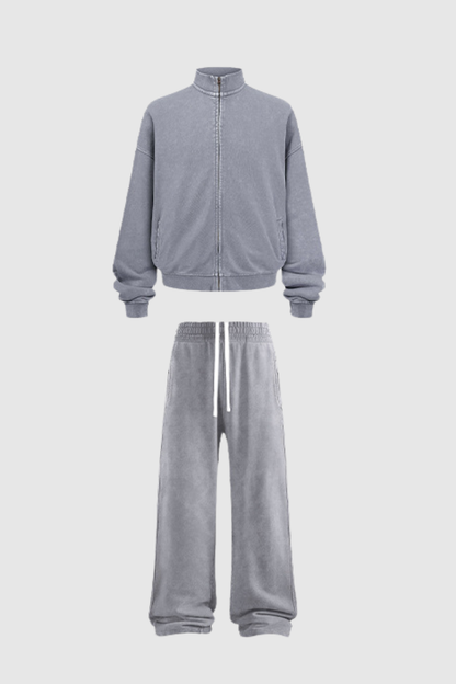 Women's Cotton Streetwear Set:Stand Collar Jacket And Wide-Leg Pant