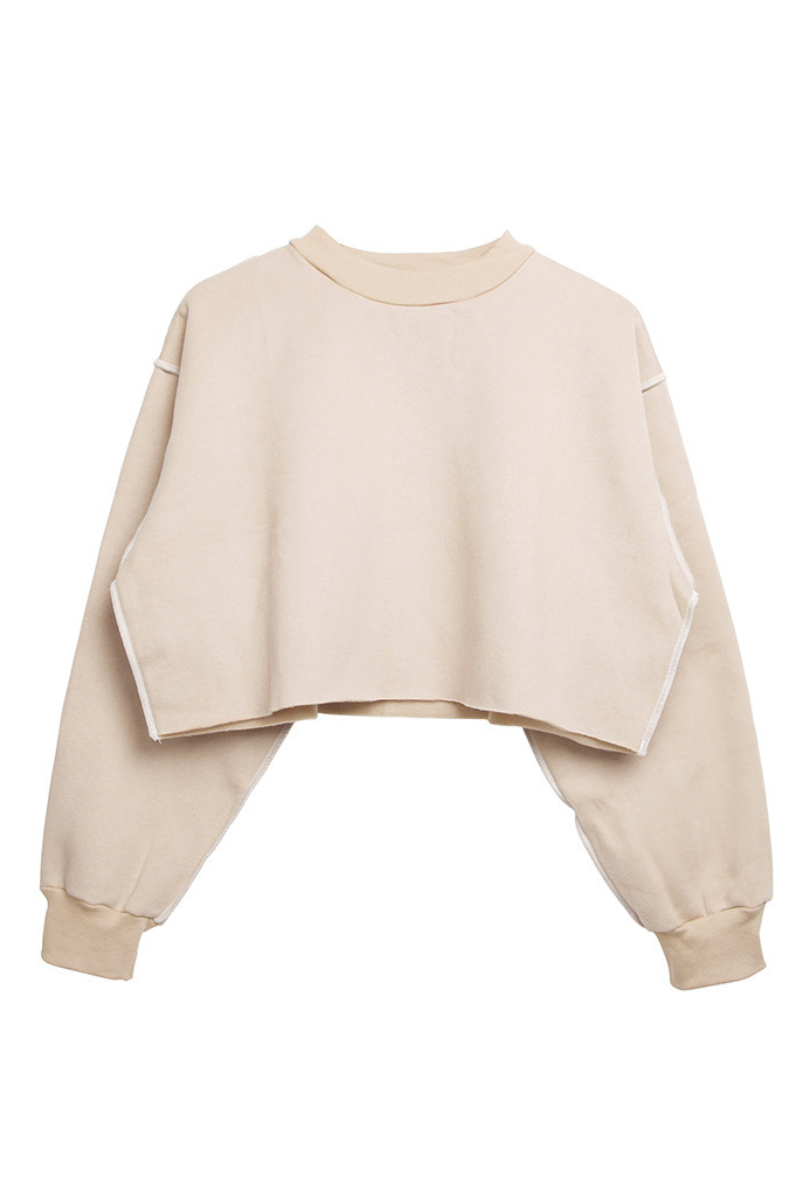 Women Spring Raw Hem Exposed Seam Cropped Sweatshirt