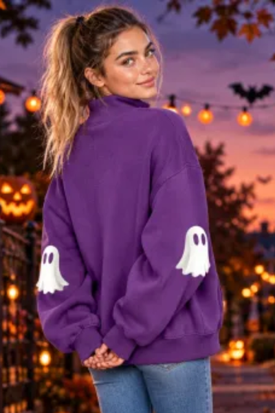 Women Fall Clothing Halloween Ghost Mock Neck Sweatshirt