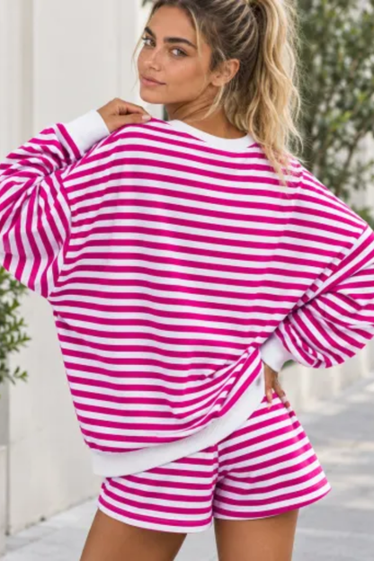 Women Spring Striped V Neck Lounge Top and Shorts Set