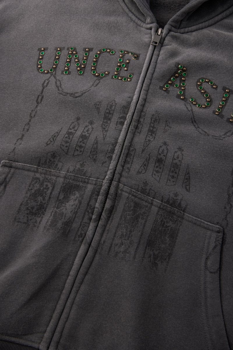 Men Fall Clothing Rhinestone Washed Boxy Zip Hoodie