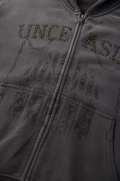 Men Fall Clothing Rhinestone Washed Boxy Zip Hoodie