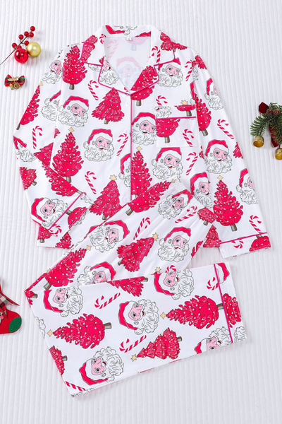 Women's Christmas Pink Striped Open Collar Pajama Set