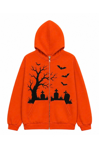 Unisex Fall Clothing Halloween Pumpkin Bat Zip Hoodie