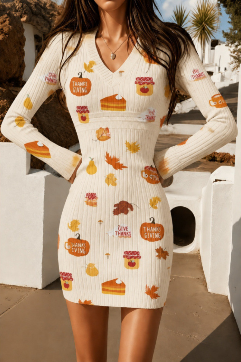 Women Fall Halloween Pumpkin Ribbed Bodycon Mini Dress