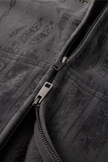 Men Fall Clothing Rhinestone Washed Boxy Zip Hoodie