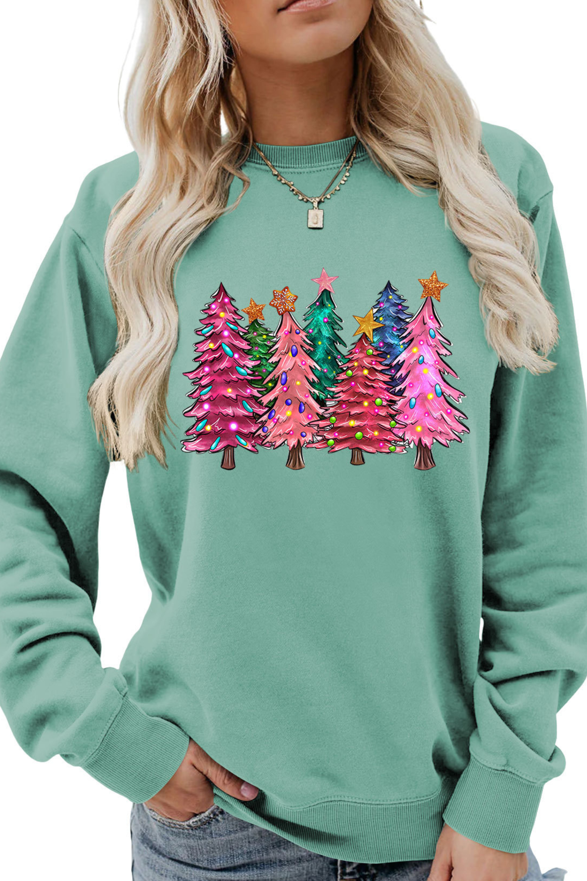 Women's Fall Christmas Tree Graphic Print Crew Sweatshirt