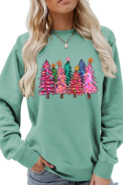 Women's Fall Christmas Tree Graphic Print Crew Sweatshirt