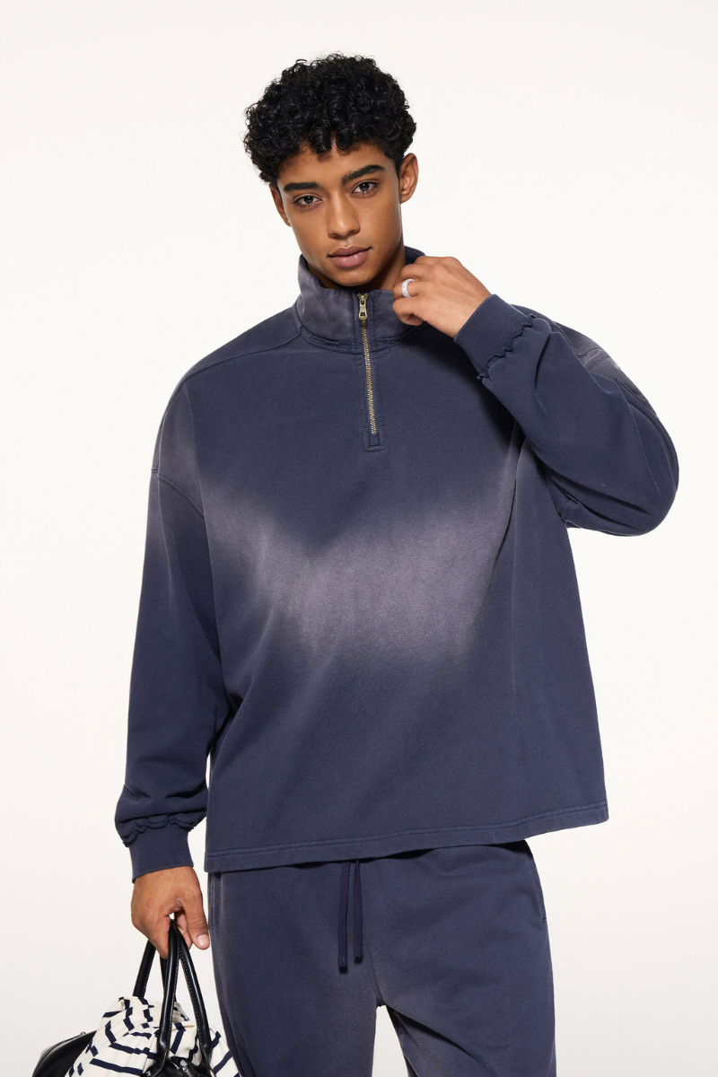Men's 465g Mock Neck Patch Raw Washed Half Zip Sweatshirt