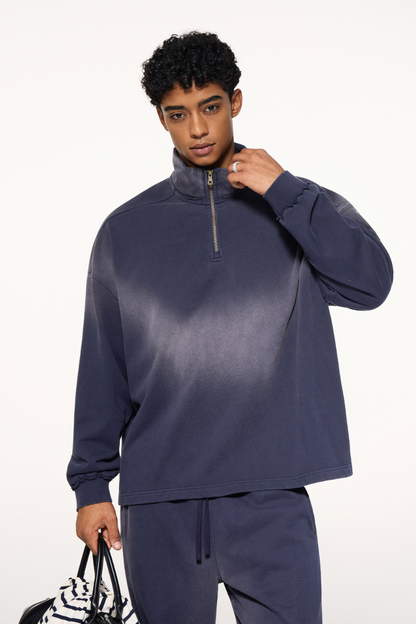 Men's 465g Mock Neck Patch Raw Washed Half Zip Sweatshirt