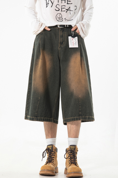 Men's Summer Washed Pleated Straight Cropped Denim Shorts