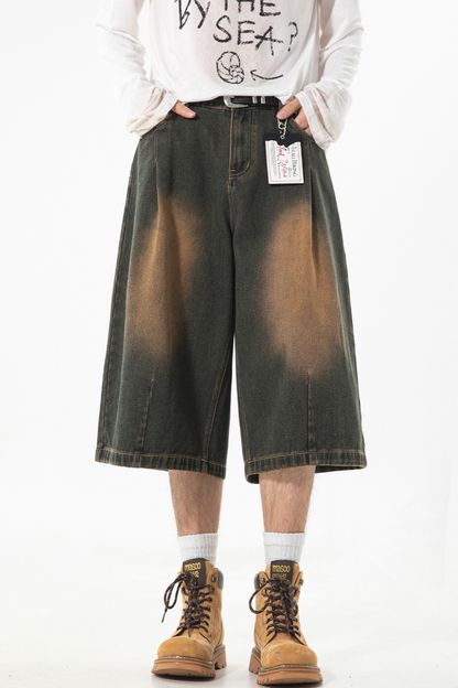 Men's Summer Washed Pleated Straight Cropped Denim Shorts