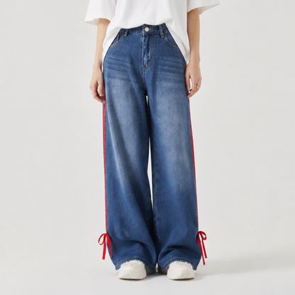 Women's High Waist Wide Leg Jeans with Red Side Stripe