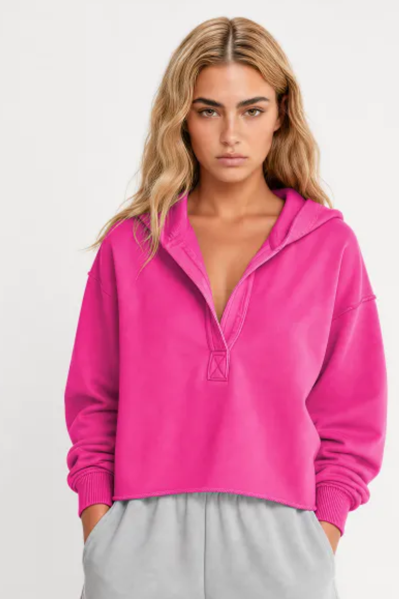 Women Spring Raw Edge V Neck Cropped Pullover Hoodie