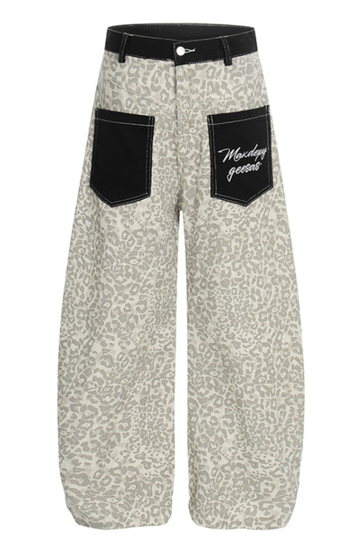 Unisex Spring Retro Colorblock Leopard Wide Curved Jeans